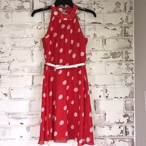 High neck red polka dot dress